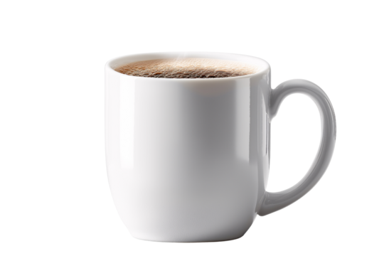 A Steaming Cup of Coffee: A close-up shot of a pristine white ceramic mug overflowing with freshly brewed coffee, the rich aroma fills the air. A symbol of comfort.