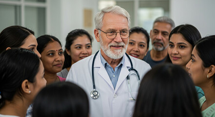 Fototapeta premium Doctor Surrounded by Diverse Group of People, Smiling, Healthcare Concept.