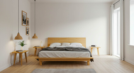 Spacious modern bedroom interior with a wooden bed on a hardwood floor, white walls, and natural light from a large window