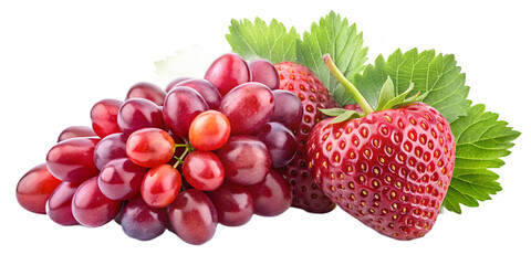 Fresh strawberries and red grapes isolated on transparent background, a healthy and tasty...