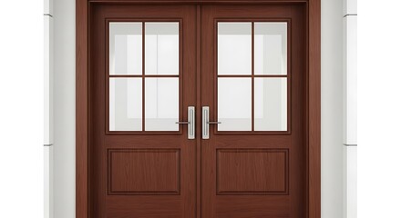 Double Wooden Glass Panel Doors in Modern Interior with Silver Handles
