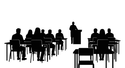 lecture hall silhouette students listening to professor, education concept, classroom scene, knowledge, learning
