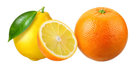 A lemon, a slice of lemon, and an orange isolated on transparent background, a trio of citrus goodness