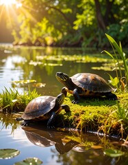 Two turtles rest on a mossy bank by a tranquil pond, bathed in warm sunlight.