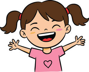 Happy cartoon girl with pigtails smiling widely, wearing pink shirt with heart, cheerful child with arms open in joy.