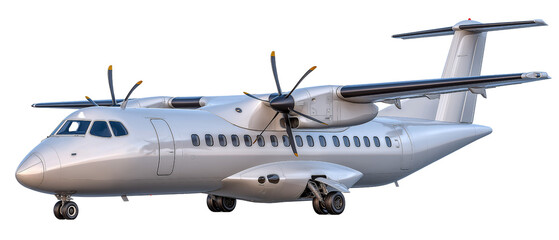 Obraz premium Modern Turbo-Prop Airplane: A sleek, silver turbo-prop aircraft, capturing the essence of modern aviation and air travel, set against a neutral backdrop.