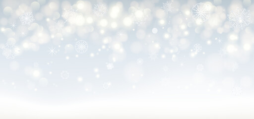 Christmas Background. Vector Shiny Xmas Wallpaper Design with Snowflakes, Snow, Stars, Light Bokeh Effect. Winter Holiday Template. Blur Bokeh Xmas Banner