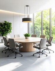 Fototapeta premium Modern Conference Room with Round Table, Natural Light and Greenery View