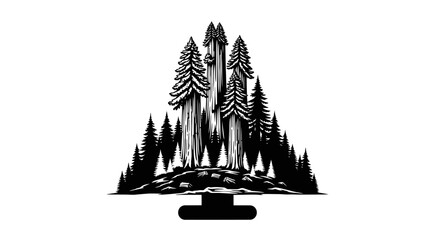 majestic redwood trees, forest illustration, nature, black ink, tall trees, wood, graphic design, coniferous, evergreen, pine, redwood national park