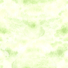 Abstract seamless pattern with watercolorof fresh green spots. Background of botanical greenery. Hand drawn illustration for eco-friendly design. Grrenery tropical forests for branding zen wellness.