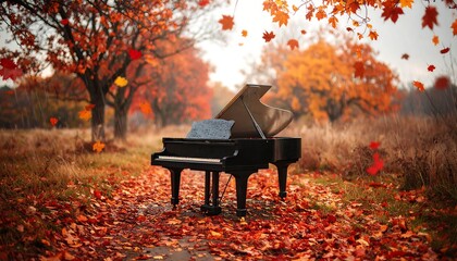 Black piano in autumnal park