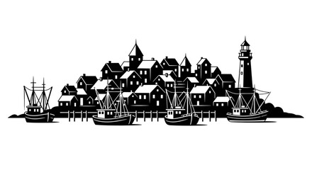 Fototapeta premium coastal town silhouette lighthouse, fishing boats, and houses