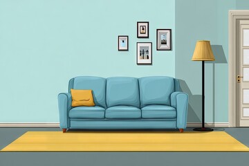 Light teal living room with a mustard yellow throw pillow sofa.