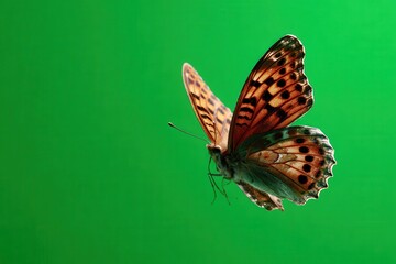 Obraz premium Butterfly gracefully flying and resting on vibrant green backdrop in a tranquil garden environment during bright daylight