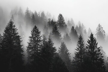 Misty forest landscape with tall trees enveloped in fog creates an eerie atmosphere in a monochrome setting