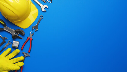 Construction tools and safety gear arranged on a vibrant blue background