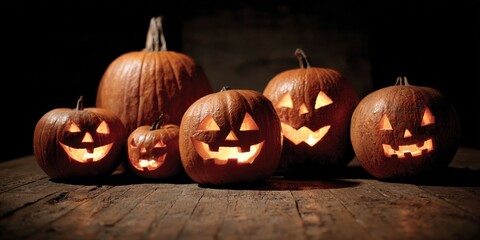 A collection of carved jack-o'-lanterns glowing warmly in a dark setting, showcasing various expressions and sizes on a rustic wooden table. neutral background, clear negative space, clean composition