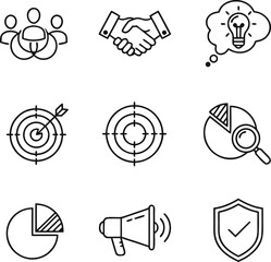 Professional business icons for strategy, teamwork, ideas, goals, analysis, marketing, and security solutions