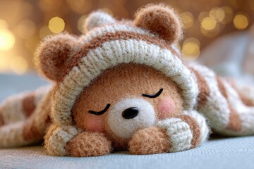 Cozy baby bear sleeping peacefully under a warm blanket on a serene evening with soft light creating a tranquil atmosphere