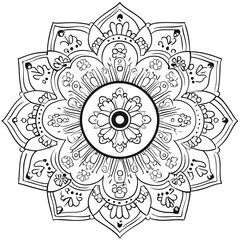 Fototapeta premium Black and white floral mandala illustration with intricate symmetrical designs radiates from the center circle.