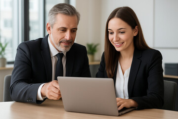 Fototapeta premium Collaborative Review – Business Interaction and Professional Engagement Symbolism, Corporate, Conceptual, Emotion, Abstract, Office Desk Scene and Laptop Focus Moment