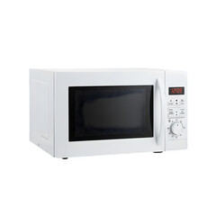 Fototapeta premium Modern white microwave oven, sleek and minimal design, isolated on white background, perfect for kitchen appliance advertising or product presentation.