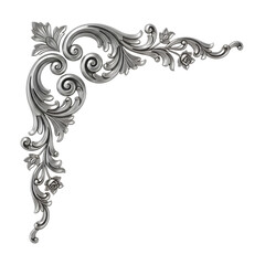 Ornate silver corner element with floral and scrollwork details, isolated on transparent background