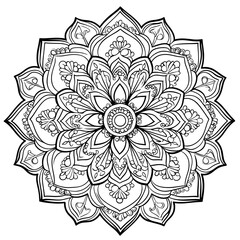 Fototapeta premium Intricate floral mandala design with symmetrical patterns and decorative elements ready for colo book pages.