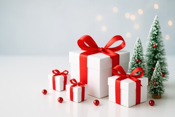 Elegant Holiday Gifts Display presents a simple, clean arrangement of white boxes adorned with vibrant red ribbons alongside miniature Christmas trees, radiating festive cheer.