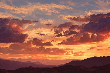 Fototapeta premium Dramatic desert sunset glows with vibrant colors illuminating the vast sky and rugged mountains at dusk in an enchanting landscape