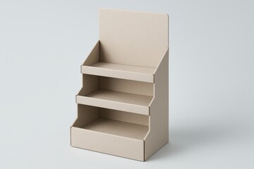 Minimalist Cardboard Display Stand features three tiers for showcasing products, representing a sustainable and customizable retail solution with neutral design appeal.