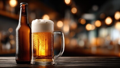 Amber beer bottle and mug on a bar top