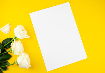 Invitation or card mockup with gift box and sprigs of dried flowers. Flat styling. Blank space for inspirational texts, beautiful quotes or positive sayings.