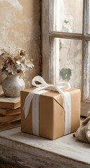 Rustic gift box with white ribbon by vintage window