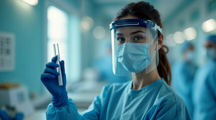 Close up of female doctor in protective medical mask standing in modern hospital holding test tube