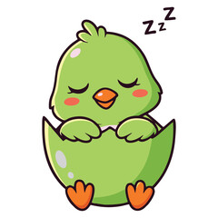 Obraz premium A cute green cartoon chick sleeping peacefully inside a cracked eggshell with 