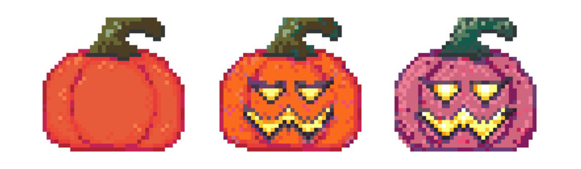 Minimal 8bit pixel art set of halloween emoticon character with pumpkin face, happy smile, retro arcade avatar sprite, white background, funny animation sheet for chat, gif, trick or treat video.