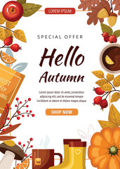 Invitation, postcard. Autumn foliage in the form of oak leaves, mushrooms, pumpkin, books. Elegant cute village greeting, invitation postcard