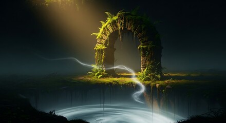 Obraz premium Mystical Forest Ruins with Moss-covered Archway Surrounded by Lush Green Plants and Soft Light