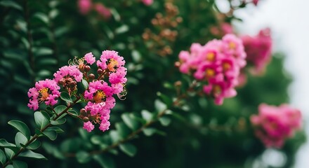 Fototapeta premium Pink Crepe Myrtle Flowers Blooming on Green Foliage in Garden Scene