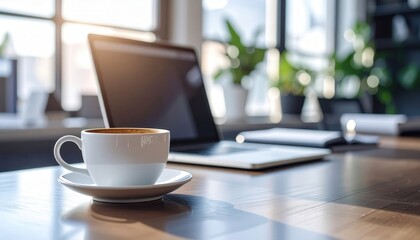 Fototapeta premium A coffee cup sitting on a table next to a laptop, natural lighting and a hint of the indoors with a plant in the background.
