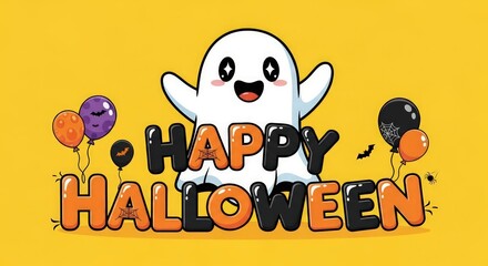Fototapeta premium Celebrate a happy Halloween with this festive ghost character and colorful balloons in a fun cartoon illustration
