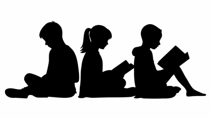 Silhouette depiction of three children sitting and reading books against a white background image view | editable eps vectors