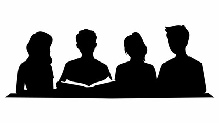 Silhouette of four people sitting at a table with one person reading a book in black and white style | editable eps vectors