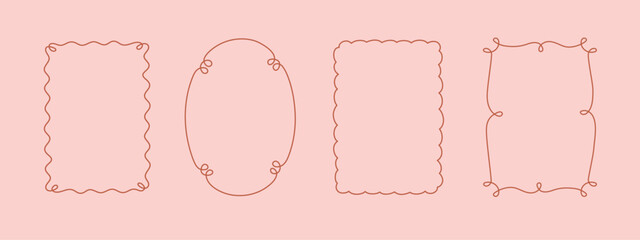 Hand-drawn wavy coquette frames set, squiggle curly swirl tied bow, ribbons cadre, trendy modern vintage whimsical edgings elements, elegant border design stamps. Isolated. Vector illustration.