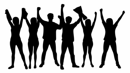 Silhouette of a group of people cheering with their arms raised and holding items in a celebratory mood | editable eps vectors