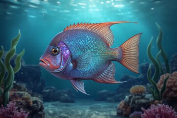 Fototapeta premium Vibrant fish swims in underwater reef scene