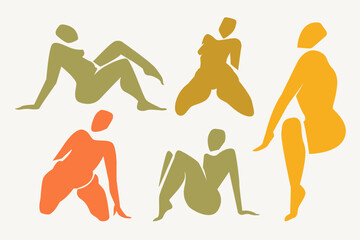Woman contemporary abstract figures silhouette, hand drawn cut out feminine form different poses. Flat collage mid-century style, applique unique design, female shape poster, decorative art. Isolated.