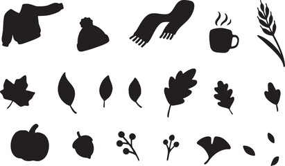Autumn Silhouette Elements Set – Sweater, Leaves, Acorn, Mug and More