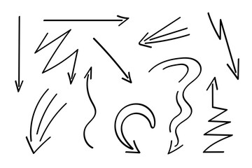 Arrows set, hand drawn doodle direction twist indicators, pointers and scroll elements.Collection of swirly various dynamics shapes.Isolated on white background. Vector illustration